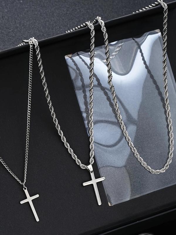 Men's Fashion Cross Pendant Necklace & Bracelet & Ring, Stainless Steel Jewelry Set, Trendy All-match & Exquisite Jewelry for Birthday Gift