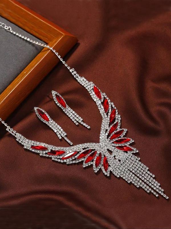 Women's Elegant Rhinestone Decorated Jewelry Set, Exquisite Trendy Tassel Design Necklace & Dangle Earrings, Chic Jewelry Set for Party Decoration