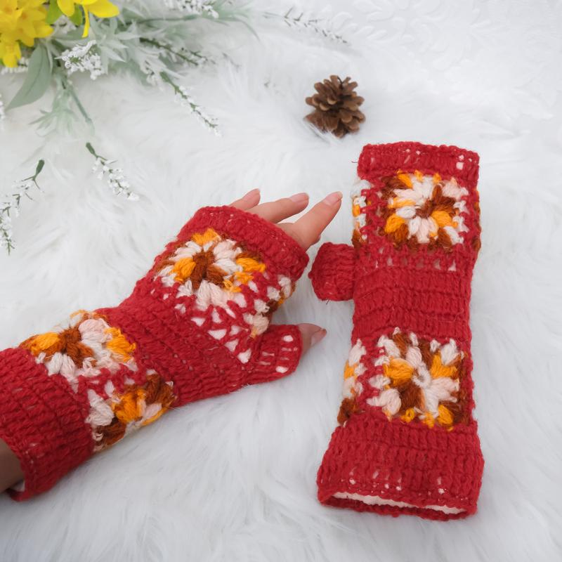 Handknit Crochet Flower Design Handwarmers Fingerless Gloves with Fleece Lining, Mittens, Wool Handwarmers, Wrist warmers, Winter Gloves, Boho Style Fingerless Gloves