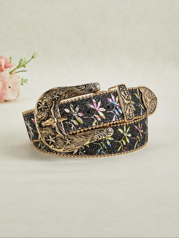 Women's Fashion Floral Pattern Western Belt, Vintage Cowgirl Style Pu Buckle Belt, Casual Trendy Accessories for Daily Wear