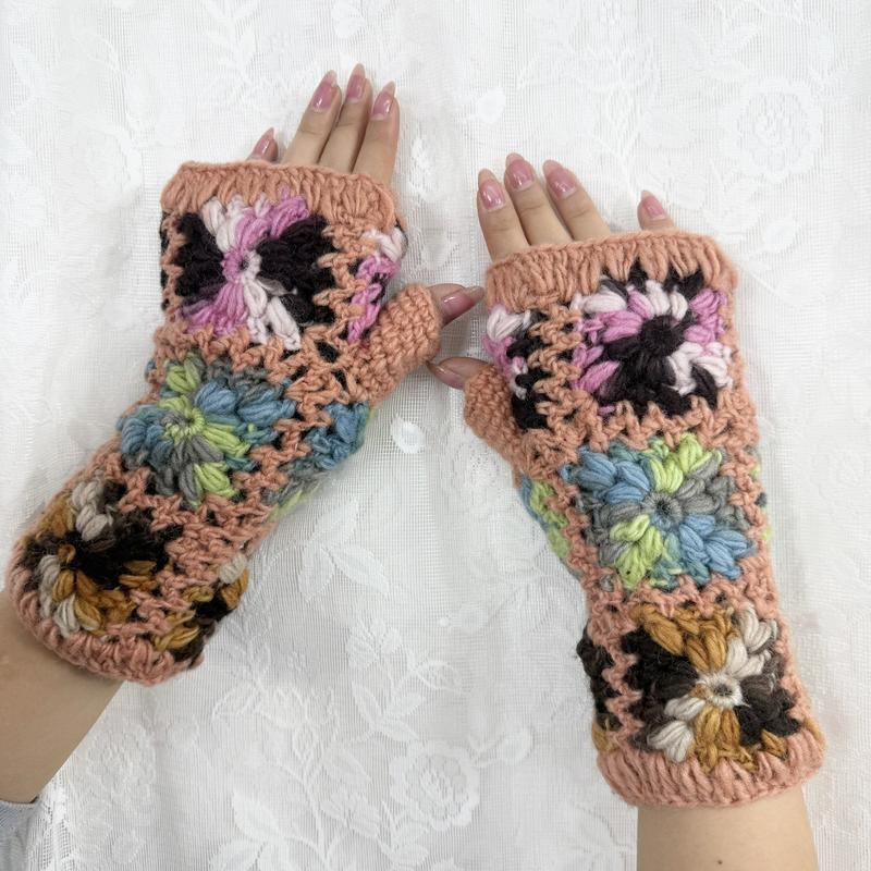 Handknit Crochet Flower Design Handwarmers Fingerless Gloves with Fleece Lining, Mittens, Wool Handwarmers, Wrist warmers, Winter Gloves, Boho Style Fingerless Gloves