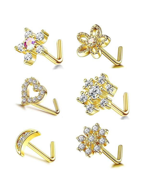 Women's Elegant Glittering Star & Heart & Flower Design Nose Studs, Cute Trendy Nose Piercing Jewelry, Fashionable Body Jewelry for Women & Girls