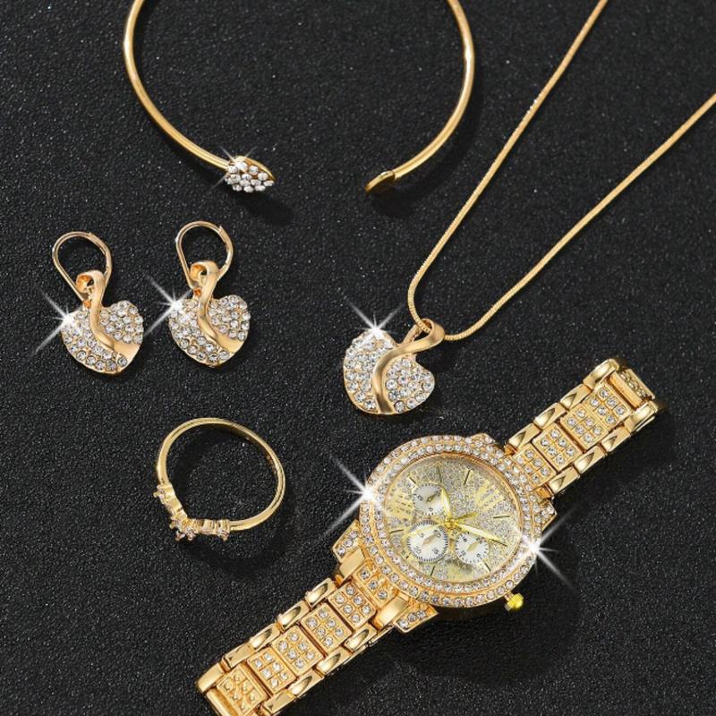 6pcs Ladies Watch Gold Watch Gorgeous Style Women's Alloy Steel Band Quartz Watch With Rhinestone Set, Three Eyes Roman And Alloy Gold Bracelet Necklace Earrings Rings Jewelry Set, Heart Point Rhinestone Evening Party