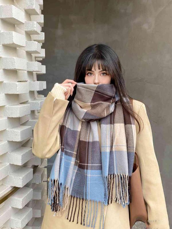 Women's Elegant Plaid Print Fringe Hem Design Scarf, Trendy Colorful Shawl, Warm Soft Fashionable Shawl for Women for Fall & Winter