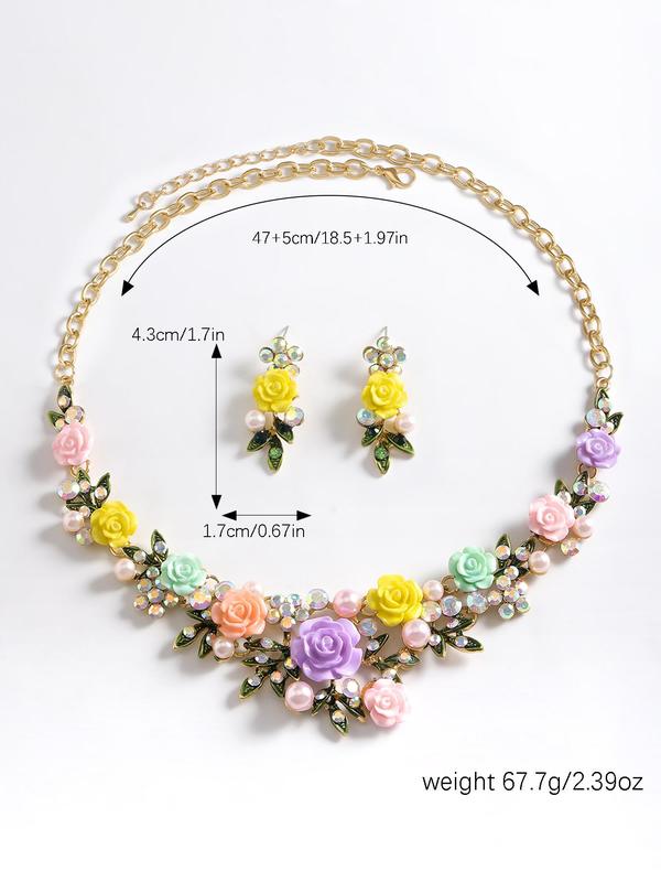 Women's Elegant Flower Design Jewelry Set, Boho Style Faux Pearl Decorated Necklace & Dangle Earrings, Fashion Jewelry for Party, Daily Decor, Trendy All-match & Exquisite Jewelry for Gift