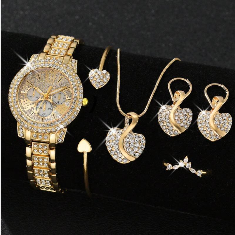 6pcs Ladies Watch Gold Watch Gorgeous Style Women's Alloy Steel Band Quartz Watch With Rhinestone Set, Three Eyes Roman And Alloy Gold Bracelet Necklace Earrings Rings Jewelry Set, Heart Point Rhinestone Evening Party