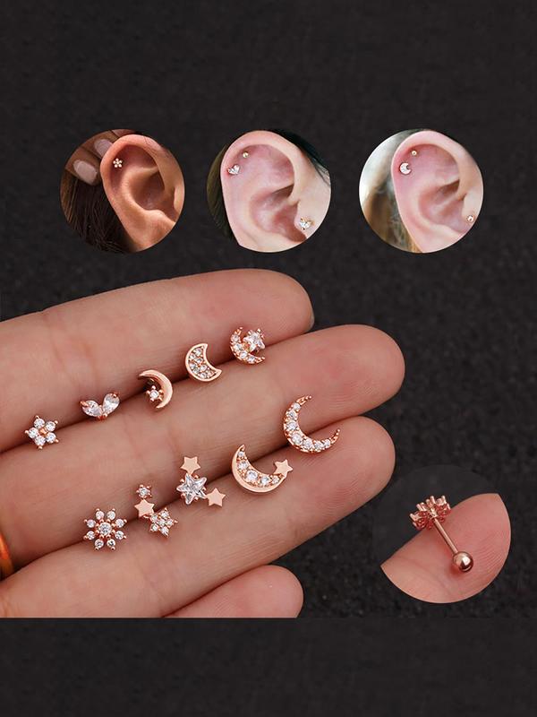 Women's Elegant Rhinestone Decor Star & Moon Design Stud Earrings, 10pcs set Trendy Exquisite Stud Earrings, Chic Gorgeous Jewelry