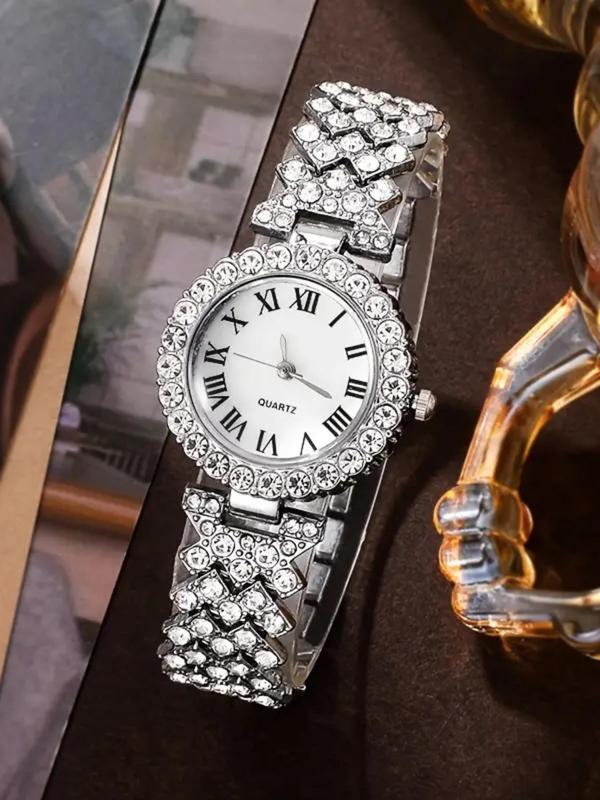 Women's Elegant Rhinestone Decorated Watch & Bracelet, Exquisite Trendy Wristwatch & Bracelet, Fashionable Watch Set As Gift for Women with Box