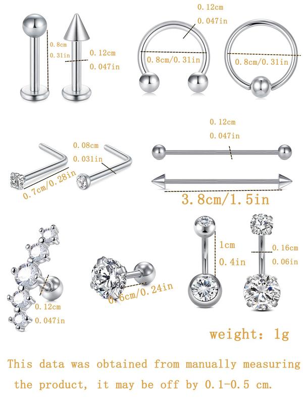 Stainless Steel Piercing Kit, Nose Ring, Belly Ring, Lip Ring, Ear Bone Ring, Industrial Bar, Body Piercing Jewelry for Women & Men