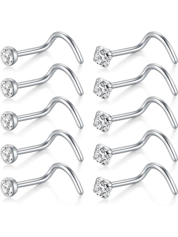 10pcs Rhinestone Decor Nose Ring, Stainless Steel Nose Stud For Women & Men, Body Jewelry For Daily & Party