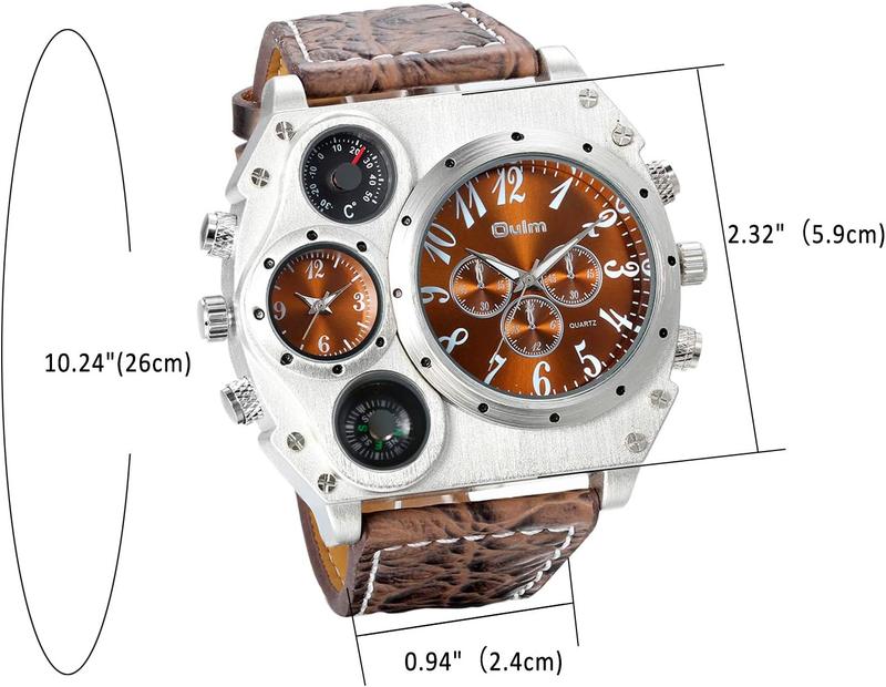 Mens Big Face Watch, Dual Time Zone Leather Strap Sport Watch, Analog Quartz Wrist Watch with Decorative Compass Thermometer Dial brown