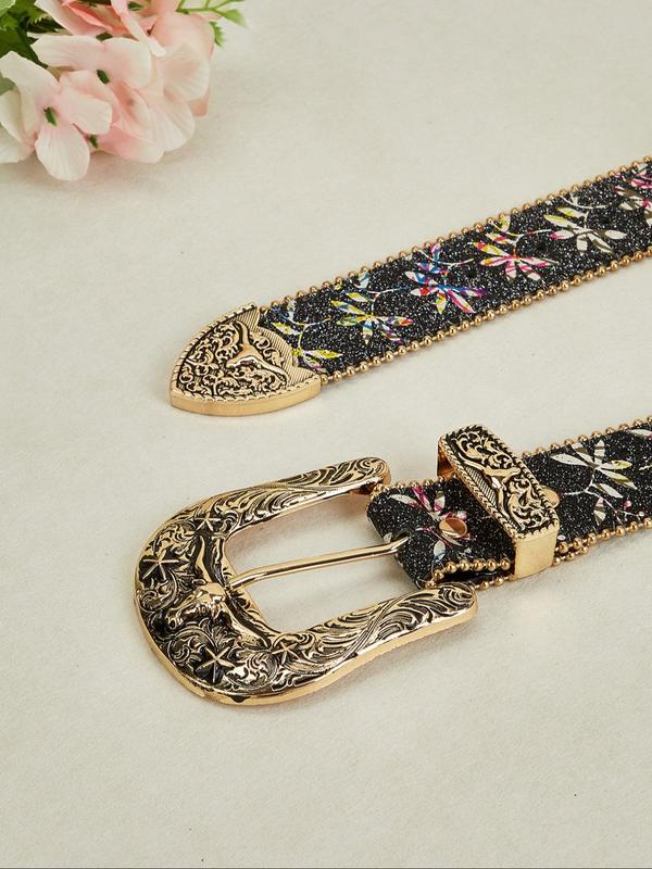 Women's Fashion Floral Pattern Western Belt, Vintage Cowgirl Style Pu Buckle Belt, Casual Trendy Accessories for Daily Wear