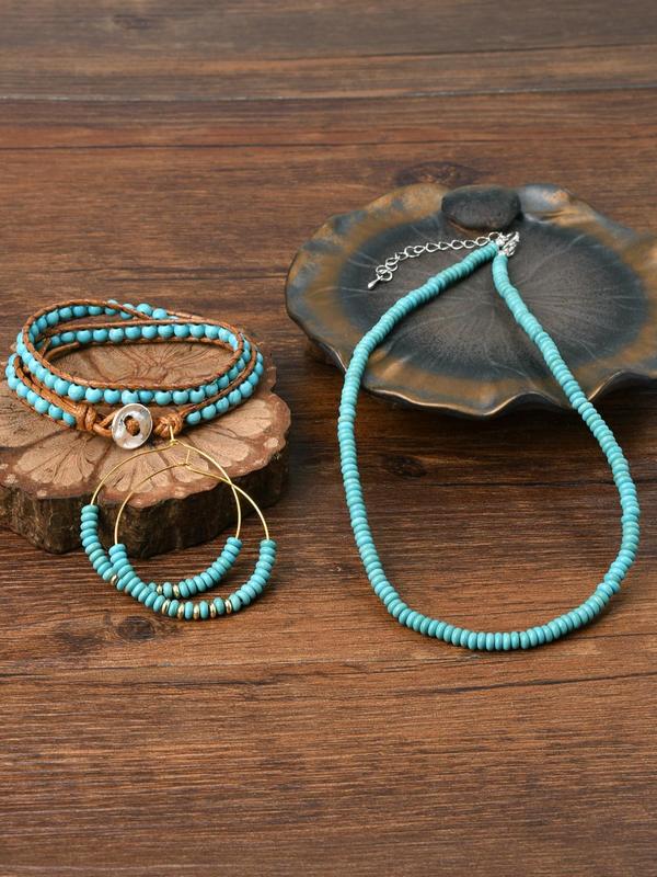 Boho Style Beaded Jewelry Set, Vintage Turquoise Decor Beaded Necklace & Bracelet & Dangle Earrings, Fashion Accessories for Women & Men