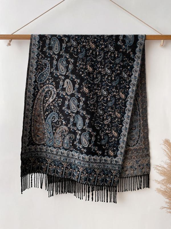 Boho Style Ethnic Pattern Fringe Trim Shawl, Casual Versatile Scarf for Fall & Winter, Fashion Accessories for Women & Men