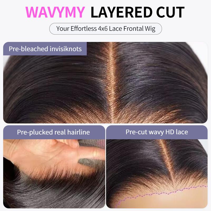 Wavymy Trendy Layered Cut 90's Inspired Pre-bleached Wear Go Glueless Wigs 180% Density Straight 4x6 HD Lace Closure Wigs 100% Human Hair