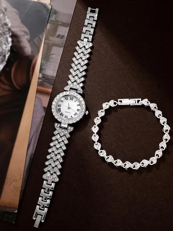 Women's Elegant Rhinestone Decorated Watch & Bracelet, Exquisite Trendy Wristwatch & Bracelet, Fashionable Watch Set As Gift for Women with Box