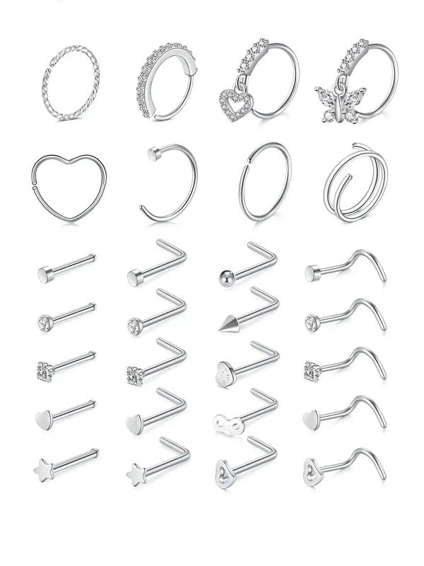 Punk Style Rhinestone Heart & Star Decorated Nose Studs, 28pcs set Versatile Stainless Steel Nose Rings Studs for Women & Men, Body Piercing Jewelry for Party, Daily Clothing Decor