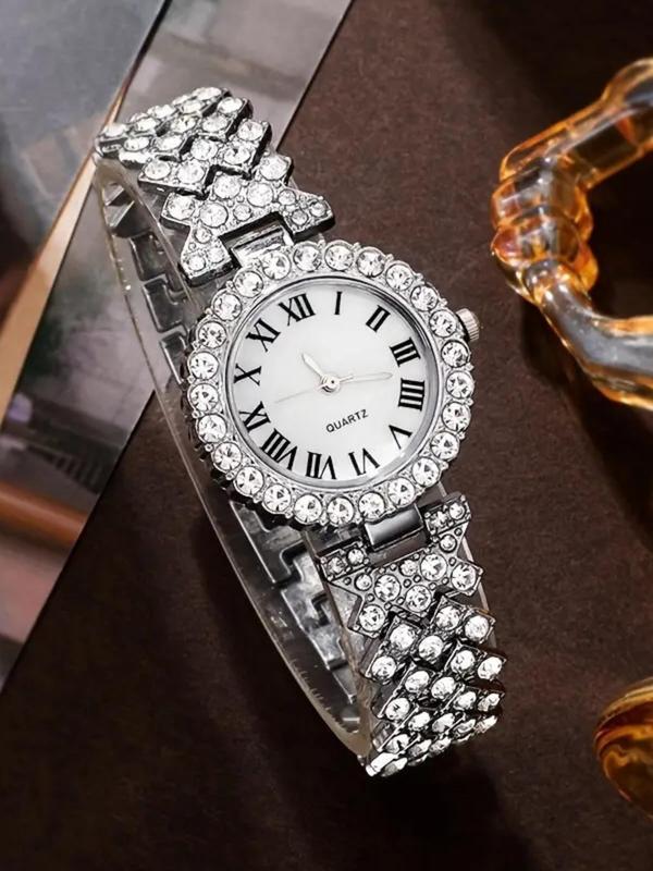 Women's Elegant Rhinestone Decorated Watch & Bracelet, Exquisite Trendy Wristwatch & Bracelet, Fashionable Watch Set As Gift for Women with Box