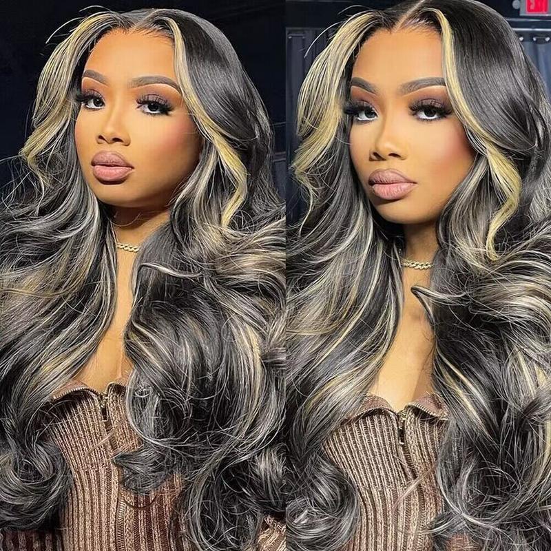 QUANDIAN 13x6 Balayage Highlight Lace Front Wig Human Hair 13x6 HD Lace Front Wigs Human Hair Body Wave Wig 200% Density FB 27 Colored Ombre Wig