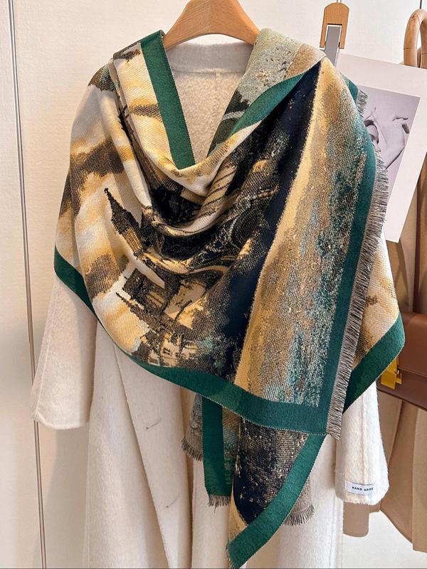 Landscape Print Double Sided Shawl, Casual Soft Warm Scarf for Fall & Winter, Fashion Accessories for Women & Men