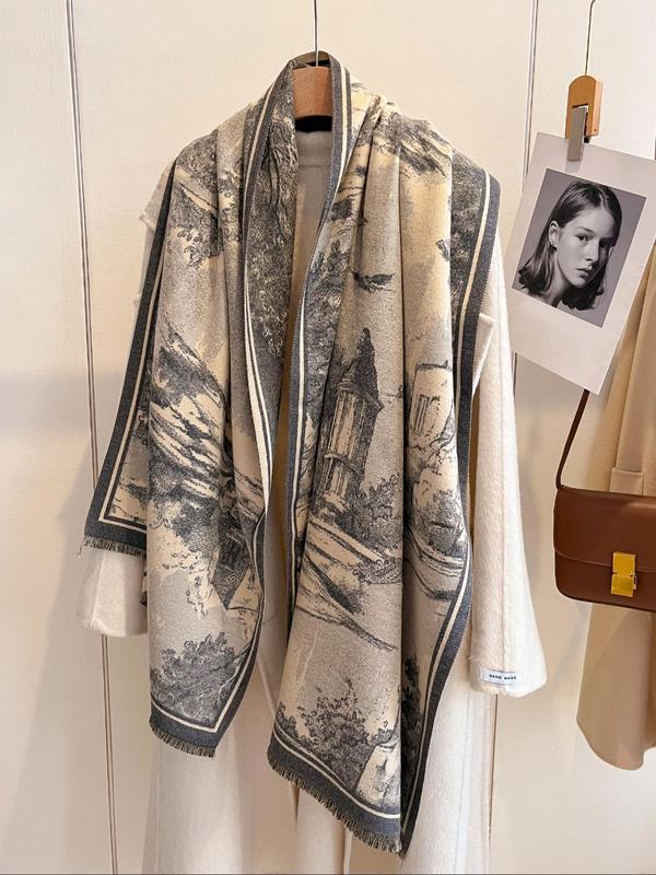 Landscape Print Double Sided Shawl, Casual Soft Warm Scarf for Fall & Winter, Fashion Accessories for Women & Men