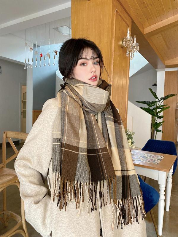 Women's Elegant Plaid Print Fringe Hem Design Scarf, Trendy Colorful Shawl, Warm Soft Fashionable Shawl for Women for Fall & Winter