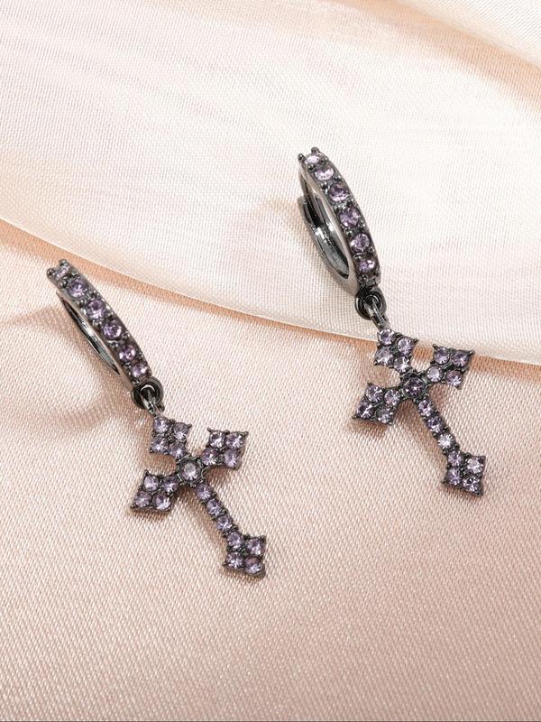 Women's Punk Style Rhinestones Decorated Cross Design Dangle Earrings, Casual Trendy Dangle Earrings, Fashionable Jewelry for Party & Daily Decoration