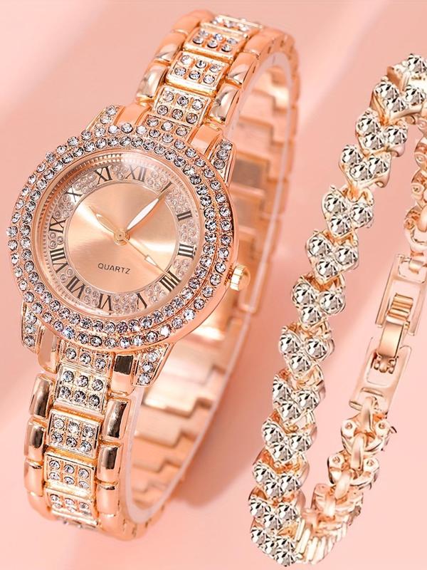 Women's Elegant Fashion Watch & Rhinestones Decor Bracelet Set, Fashion Round Dial Watch & Bracelet Set for Party, Daily Decor, Trendy All-match & Exquisite Watch Set for Birthday Gift, without Box