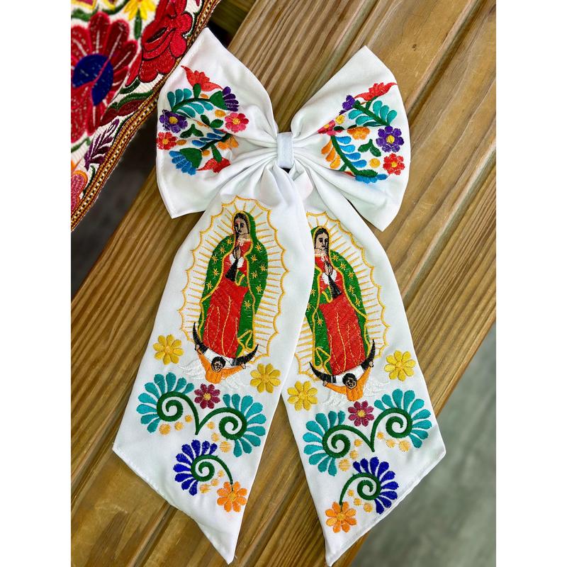 Virgen Mexican Bordado Bow Clips Long