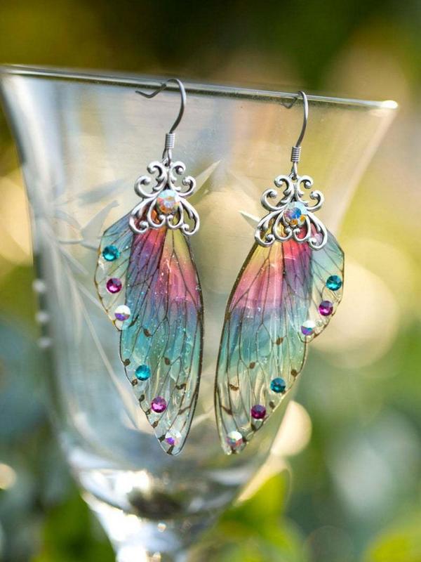 Colorful Wing Design Dangle Earrings, Elegant Rhinestone Decor Drop Earrings for Women,  Luxury Jewelry  for Party, Daily Clothing Decor, Trendy All-match & Exquisite Jewelry for Birthday Gift