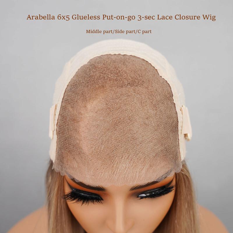 Arabella Ash Blonde Long Bob Wig 6x5 Gluless Put-on-Go Full Lace Closure Human Hair Wig 250% Density Super Silky Straight High Density Double Drawn Milk Tea Color Human Frontal LaceWig