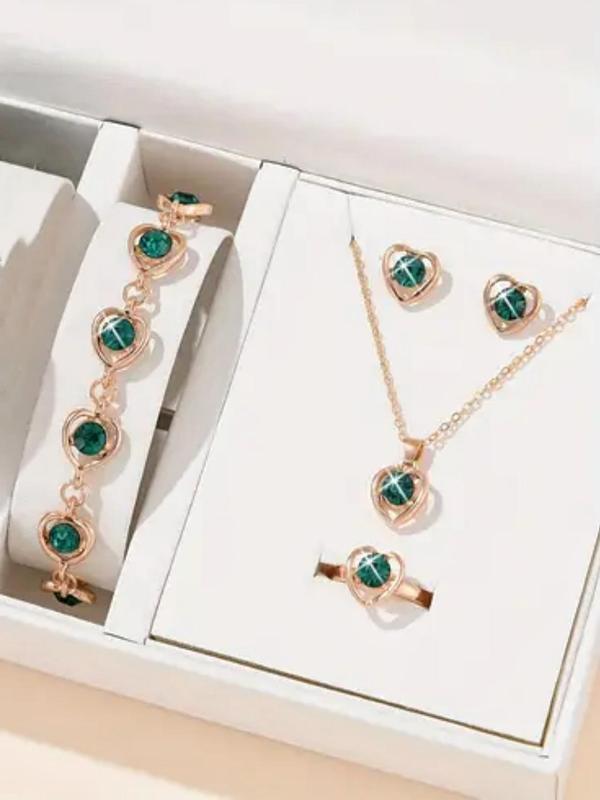 Women's Elegant Heart Jewelry Set, Rhinestone Necklaces & Bracelets & Earrings & Rings, Fashion Jewelry Set for Party & Daily Decor, Perfect for Gift