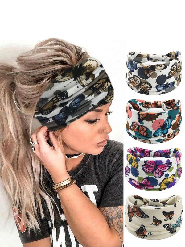 Butterfly & Floral Print Knot Design Sports Hair Band, 4pcs set Wide Band Hair Band, Sports Hair Accessories for Women & Girls