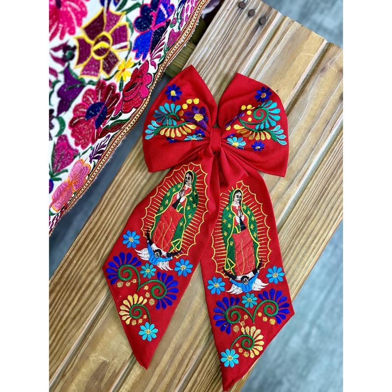 Virgen Mexican Bordado Bow Clips Long