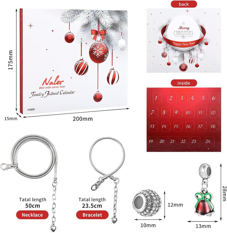 Naler Christmas Jewelry Advent Calendar 2024 Christmas Countdown Calendar Jewelry Charms Making Kit for Women - Includes 22 Charms, 1 Necklace, 1 Bracelet, Silver Red