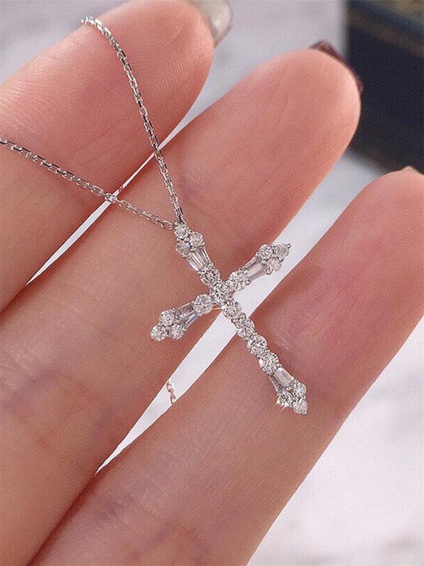 Rhinestone Cross Pendant Necklace for Women, 2024 New Style Jewelry for Party, Daily Clothing Decor, Trendy Cool Female Accessories for Birthday Gift