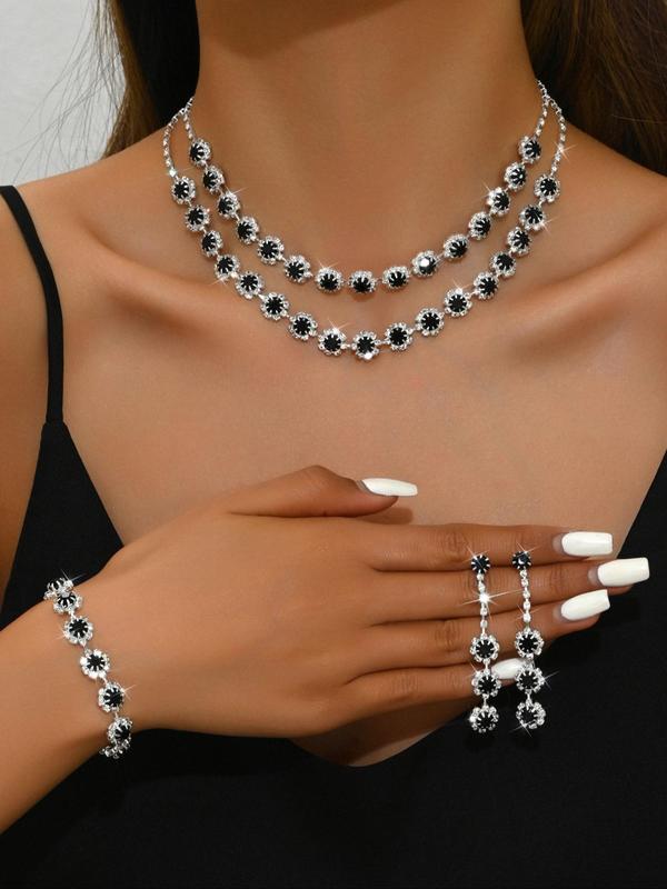 Women's Elegant Rhinestone Decorated Necklace & Earrings & Bracelet, Exquisite Trendy Jewelry Set, Fashionable Accessories for Party & Daily Clothing Decor