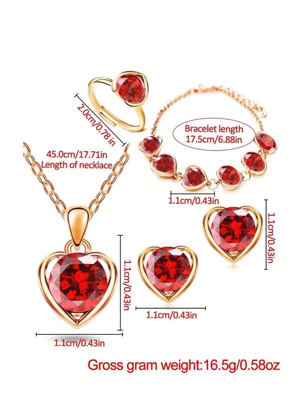 Women's Elegant Heart Jewelry Set, Rhinestone Necklaces & Bracelets & Earrings & Rings, Fashion Jewelry Set for Party & Daily Decor, Perfect for Gift