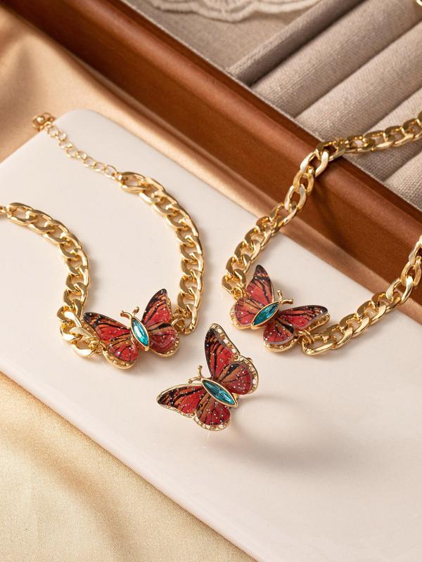 Women's Elegant Butterfly Design Jewelry Set, Exquisite Trendy Pendant Necklace & Ring & Bracelet, Chic Vintage Jewelry Set for Party & Daily Decor