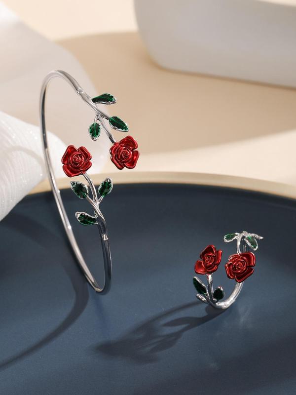 Flower Decorated Drop Oil Jewelry Set, Including Ring & Cuff Bracelet, Fashion Accessories for Women