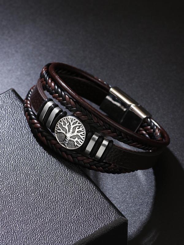 Men's Punk Style Tree of Life Design Pu Leather Braided Bangle,  Fashionable Multilayer Bangle for Daily Decoration, Minimalist Aesthetic Jewelry