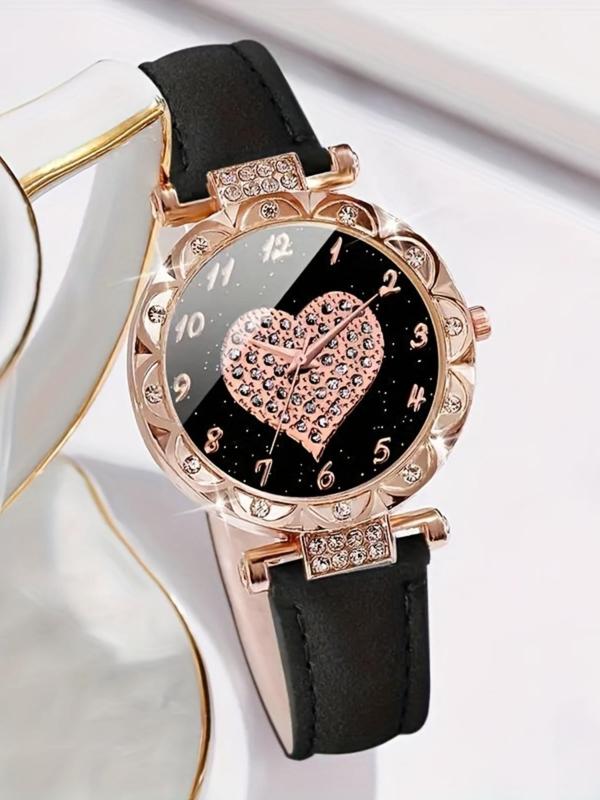 Women's Elegant Rhinestone Heart Decor Quartz Watch Set, Fashionable Round Dial Analog Watch for Women & Girls, Trendy All-match Watch for Birthday Gift, without Box