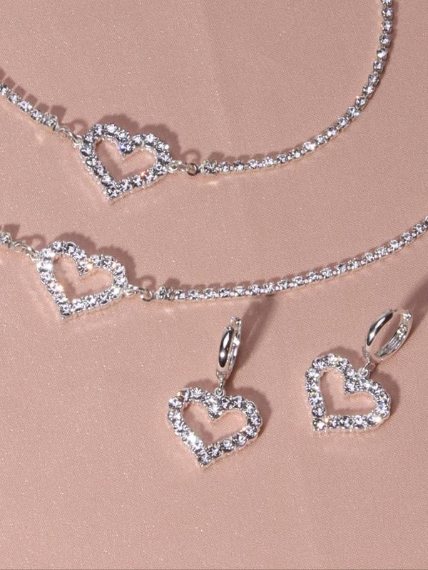 Rhinestone Heart Decor Jewelry Set (1 Set), Including Necklace and Earring and Bracelet Set for Party, Daily Clothing Decor, Trendy All-match & Exquisite Jewelry for Birthday Gift