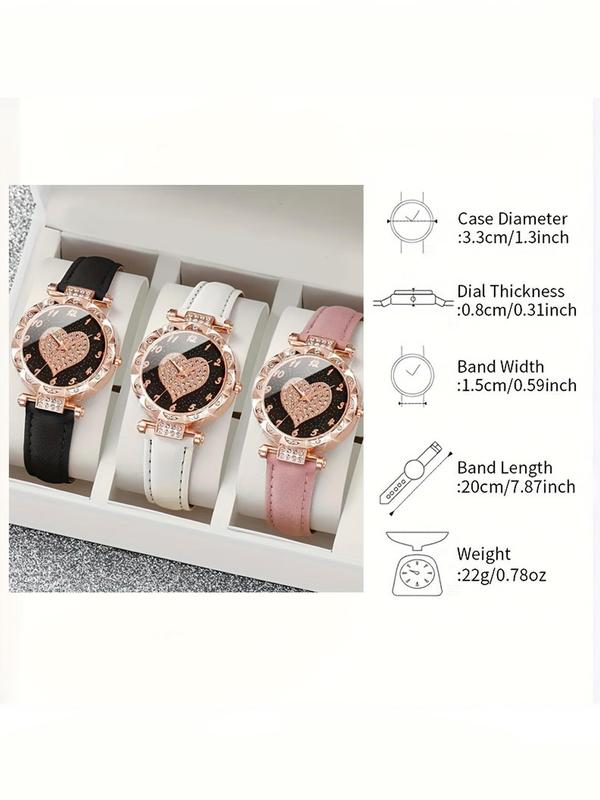 Women's Elegant Rhinestone Heart Decor Quartz Watch Set, Fashionable Round Dial Analog Watch for Women & Girls, Trendy All-match Watch for Birthday Gift, without Box