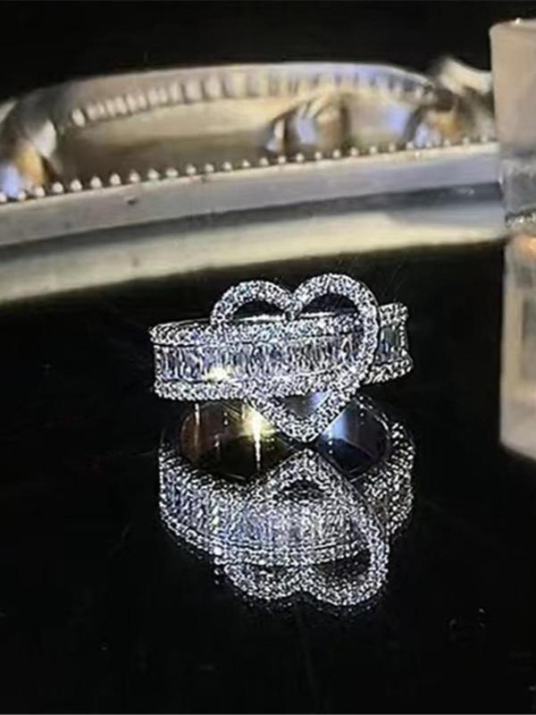 Women's Elegant Rhinestone Decorated Hollow out Heart Design Cuff Ring, Fashion Teen Girl Accessories for Party, Daily Clothing Decor for Girl