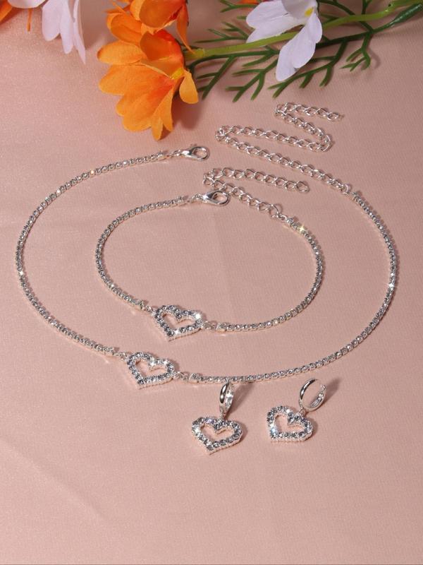 Rhinestone Heart Decor Jewelry Set (1 Set), Including Necklace and Earring and Bracelet Set for Party, Daily Clothing Decor, Trendy All-match & Exquisite Jewelry for Birthday Gift