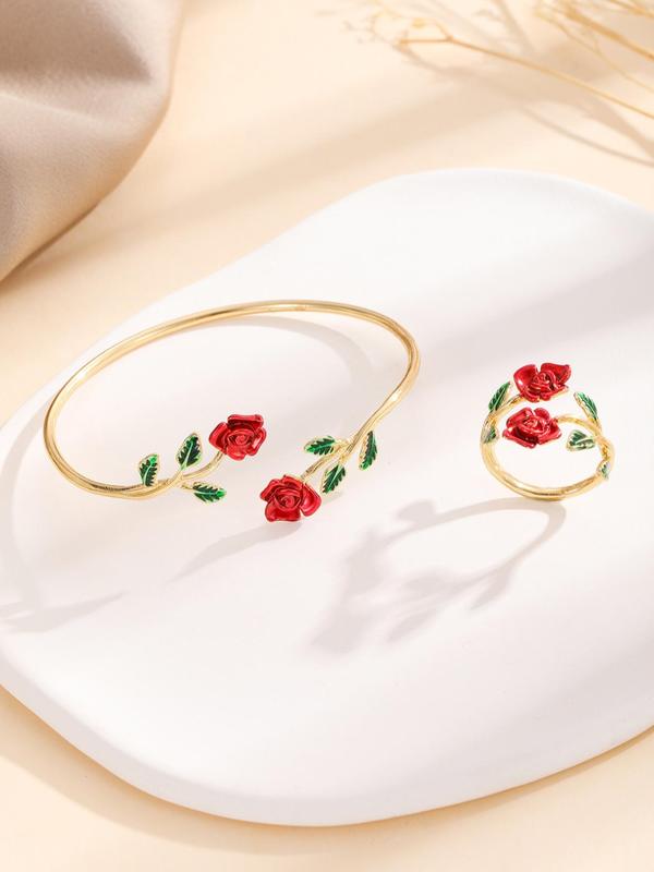 Flower Decorated Drop Oil Jewelry Set, Including Ring & Cuff Bracelet, Fashion Accessories for Women