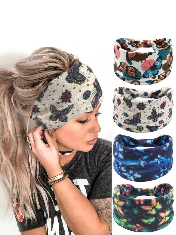 Butterfly & Floral Print Knot Design Sports Hair Band, 4pcs set Wide Band Hair Band, Sports Hair Accessories for Women & Girls