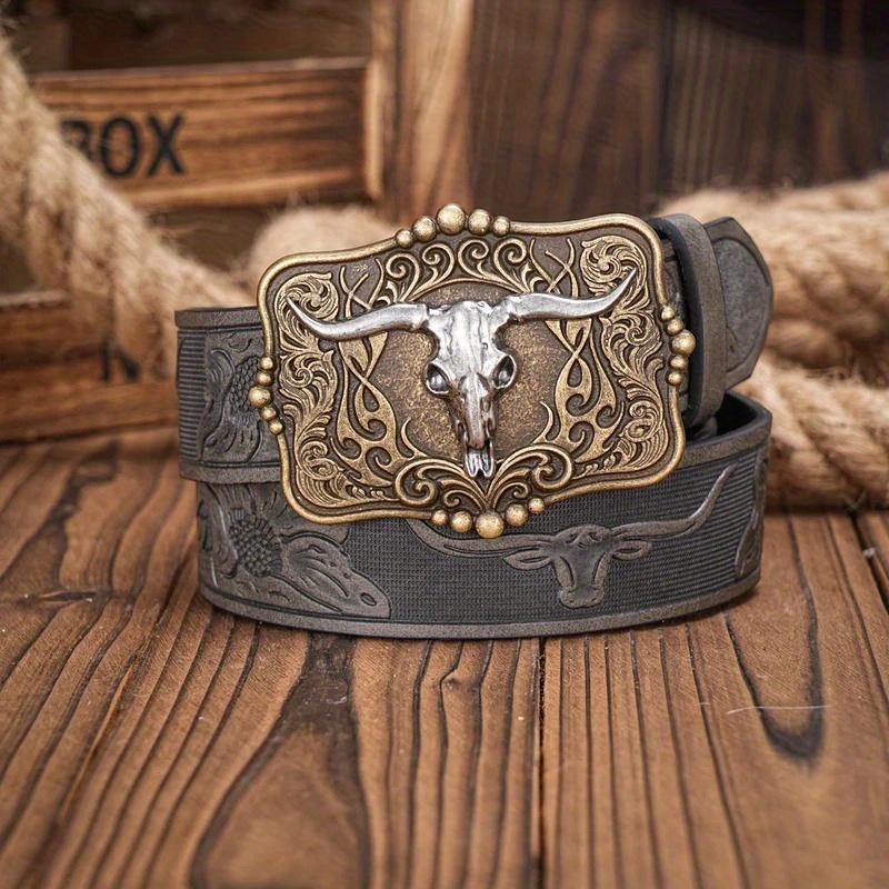 Men & Women-Western-Cowboy-PU Leather-Belts - Vintage horse Belt Floral Engraved Buckle Belt for Jeans