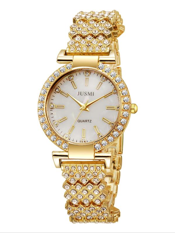 Women's Elegant Rhinestone Decorated Quartz Watch, Fashionable Round Dial Analog Wristwatch, Trendy Watch As Gift without Box for Women